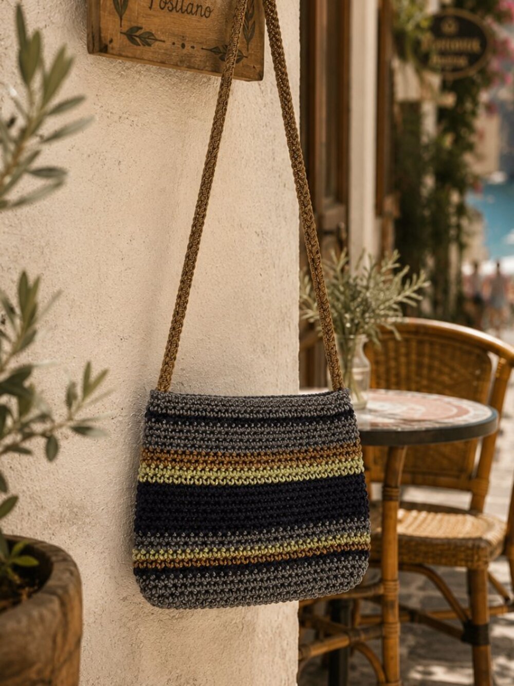The Sak Striped Crochet Crossbody Bag - Blue-Gray, Navy & Tan - Woven Bag - EUC